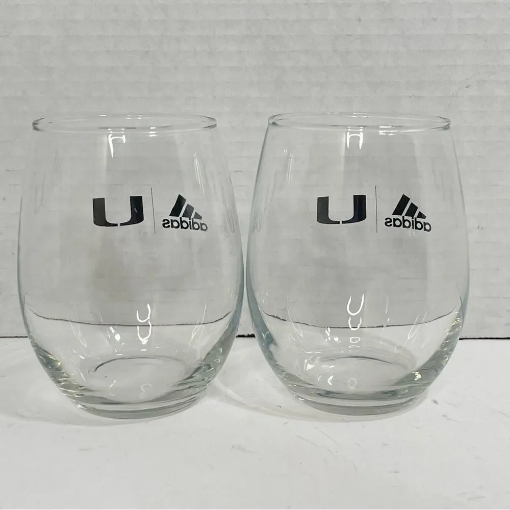 Adidas University of Miami Hurricanes Stemless Wine Glasses UM Clear Set of 2